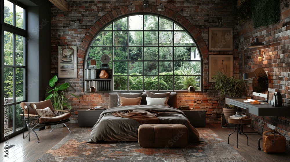 Bedroom With Brick Wall and Lots of Windows