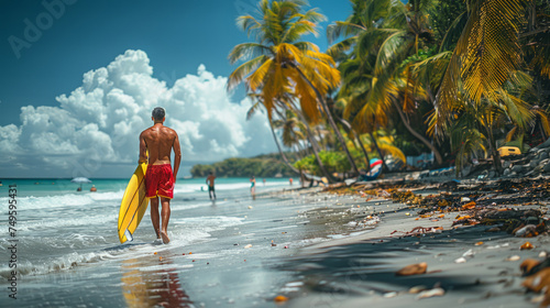 Man Walking on Beach With Surfboard