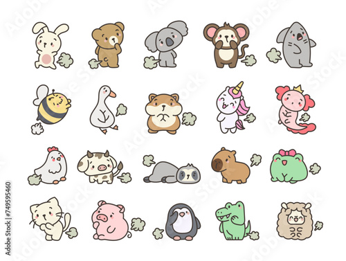Cute and funny farting animals. Cartoon characters. Hand drawn style. Vector drawing. Collection of design elements.