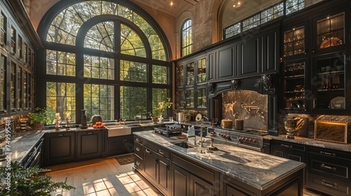 Spacious Kitchen With Black Cabinets and Marble Countertop