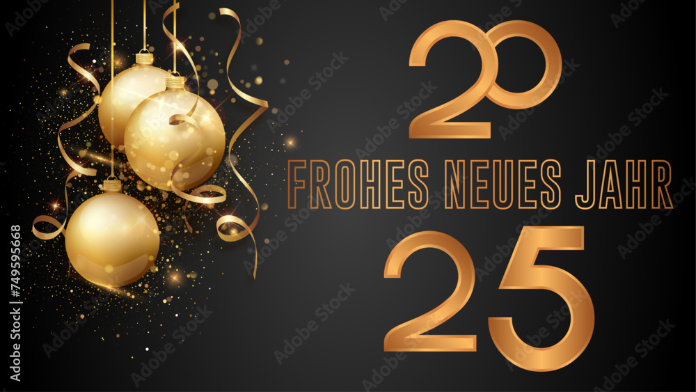 Karte oder Banner, um ein frohes neues Jahr 2025 in Gold auf schwarzem Hintergrund mit