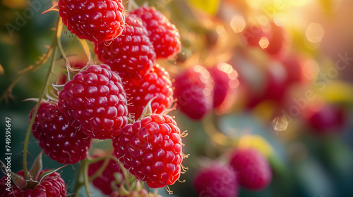 Sun-Kissed, Juicy Red Raspberries Dangling From Their Stems, Bathed In A Warm Glow photo