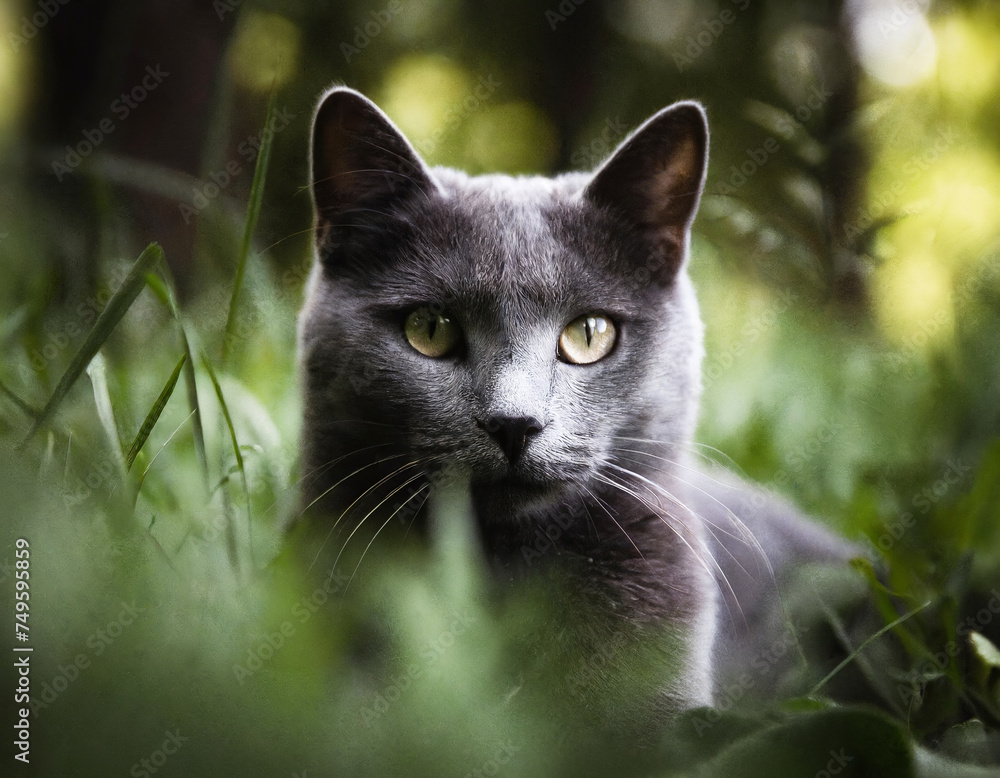 Grey chartreux cat sitting in green grass pet photography