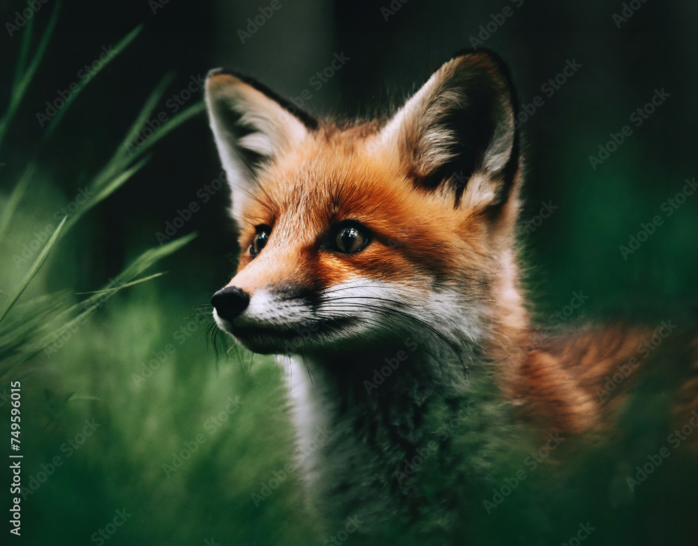 Young fox in green grass in dark forest macro photography