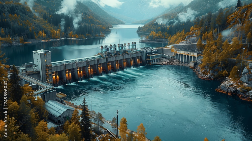 an aerial view of a dam on a river surrounded by mountains