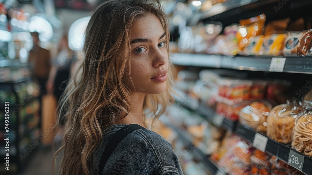 young woman in a store, looking at various packaged products on shelves
