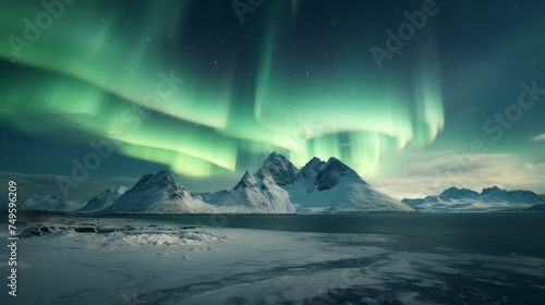 Majestic Green and Purple Aurora Borealis Over Mountain Range. Generative AI