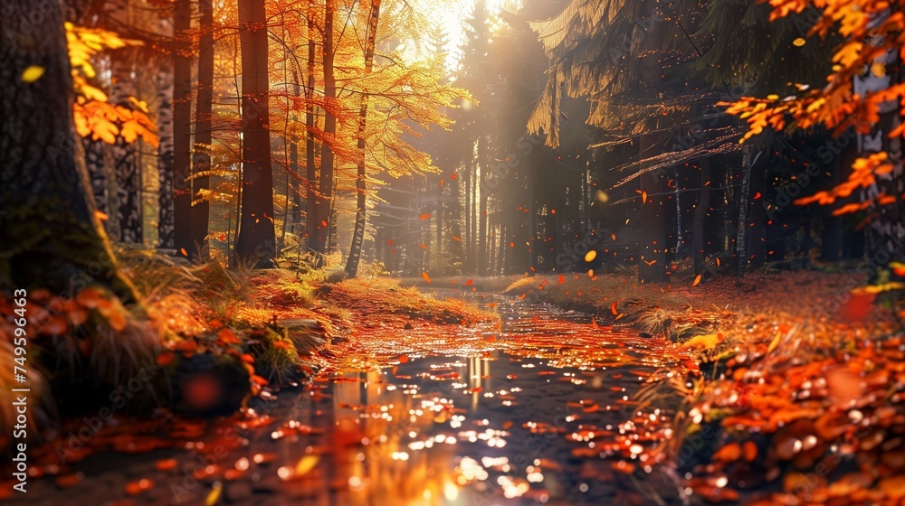 the sun is shining through the trees in the autumn forest