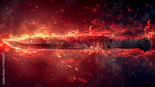 Glowing Forged Blade Engulfed In Fiery Sparks And Ethereal Flames Against Shrouded Crimson Backdrop. photo