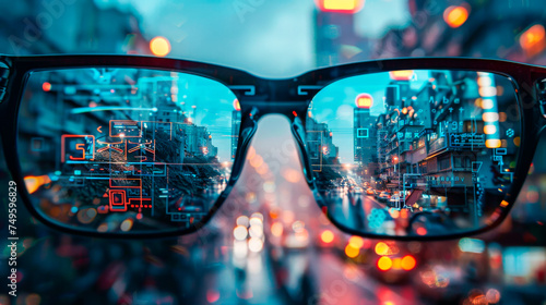 Augmented Reality Urban Exploration: POV view through augmented reality glasses, revealing a cityscape adorned with technologically infused signs and information overlays © Focalfinder