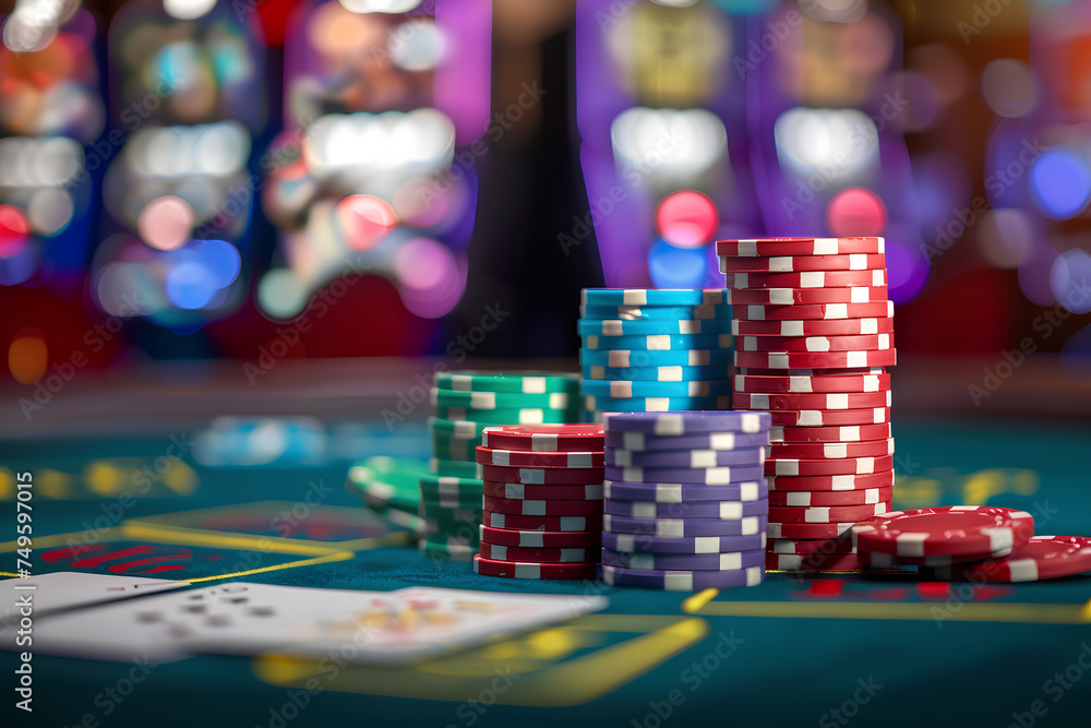 Fototapeta premium Casino roulette table with chips and cards shallow depth of field 