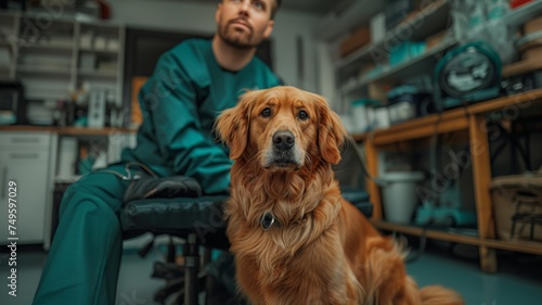 vet listening to someone, and dog looks at camera