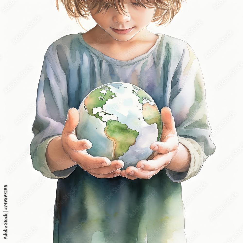 A watercolor painting of a child gently holding a depiction of the Earth, symbolizing hope, care, and environmental awareness. A watercolor painting of a child gently holding a depiction of the Earth, symbolizing hope, care, and environmental awareness.