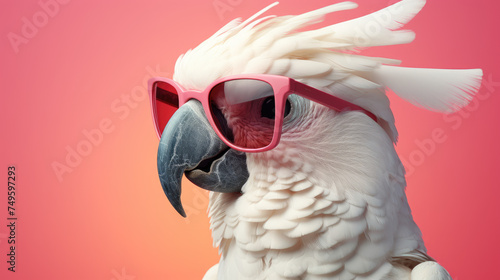Closeup of white cockatoo parrot wearing sunglasses. Domestic pet bird, animal. Solid pink pastel background. © Imtiaz