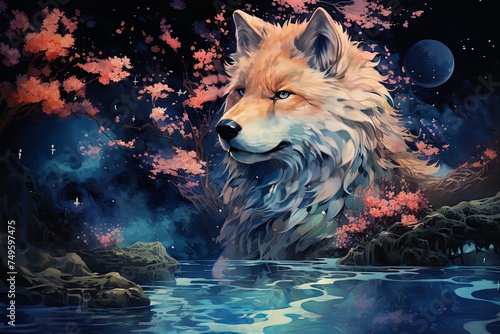 Digital art of a majestic wolf surrounded by a magical forest and cherry blossoms under a night sky with a glowing moon.