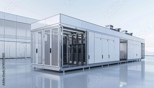 Modular Data Center Design, modular data center design with an image displaying prefabricated modular units, containerized data centers, AI