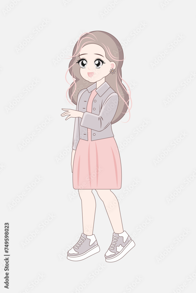 Korean anime style girl full length standing. Asian teenage character. Korean anime style girl full length standing. Asian teenage character.