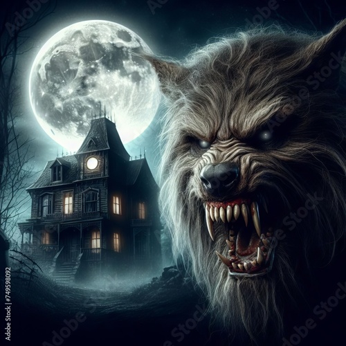 Ilustração de um lobo assustador, um lobisomem peludo rosnando ao luar sobre uma lua cheia brilhando em uma floresta escura e misteriosa e nebulosa com uma casa gótica sob a lua photo