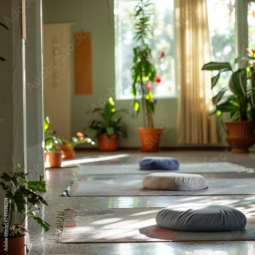 Serenity in a Sunlit Yoga Studio with Lush Greenery