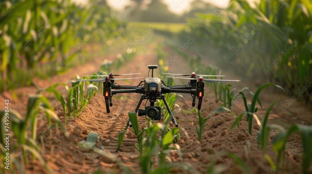 A small quadcopter equipped with sensors flying over a vast corn field. A small quadcopter equipped with sensors flying over a vast corn field.
