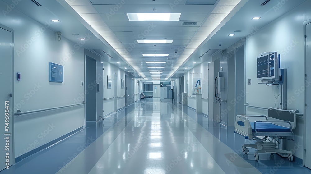 A view of a hospital hallway featuring a chair under bright lights, showcasing the modern and functional design of the healthcare facility. A view of a hospital hallway featuring a chair under bright lights, showcasing the modern and functional design of the healthcare facility.