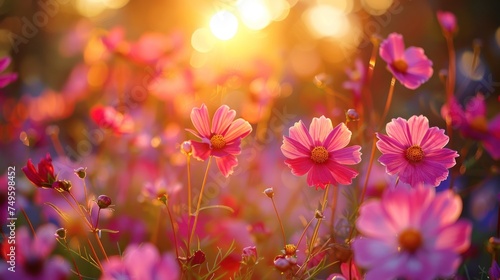 A field of delicate and vibrant pink flowers blooming under the bright sun in the background.