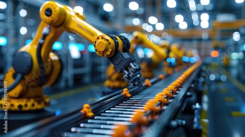 Robotic arms are seen in action along a conveyor belt in a manufacturing plant. The arms are efficiently carrying out tasks as part of the factorys production process. © FryArt Studio