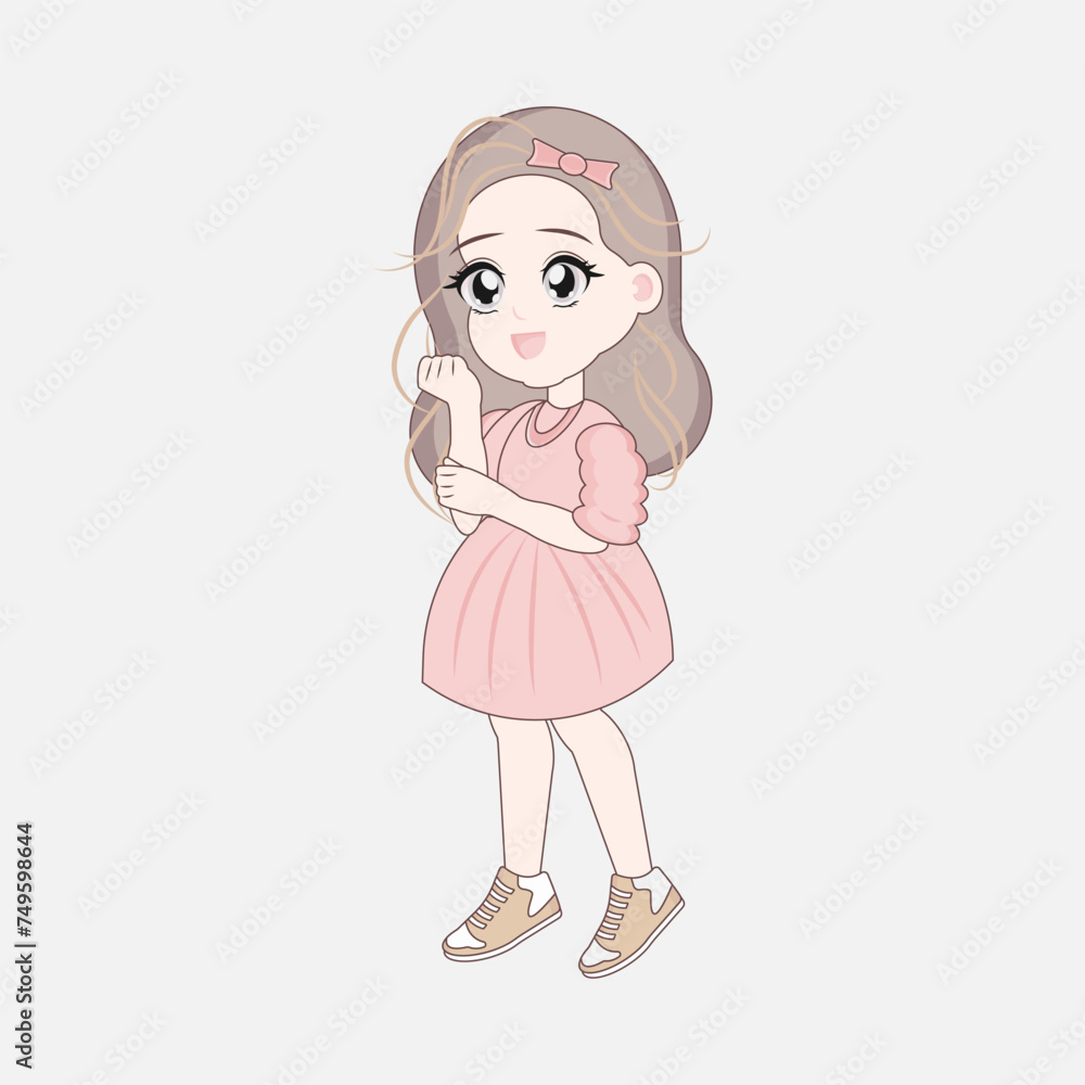 Korean anime style girl full length standing. Asian child character. Korean anime style girl full length standing. Asian child character.
