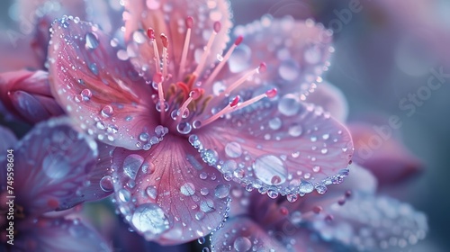 Close-up of a vibrant pink flower covered in glistening water droplets.