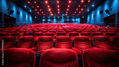 A modern sterile theater illuminated by blue lights, featuring empty red seats.