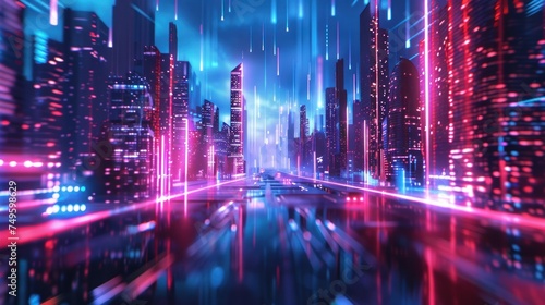 A cityscape lit up with neon lights and futuristic buildings  creating a vibrant and high-tech atmosphere.