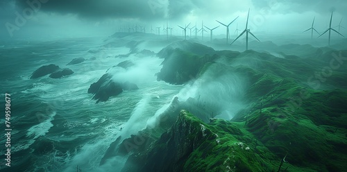 Wind turbines adorn the hill by the ocean  blending into the natural landscape