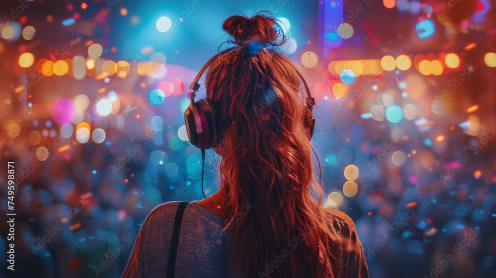 Woman With Headphones in Front of Crowd