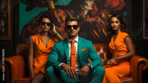 Against a solid deep turquoise backdrop, a group of striking models poses with confidence and style. The bold color adds a sense of drama and intensity to the composition