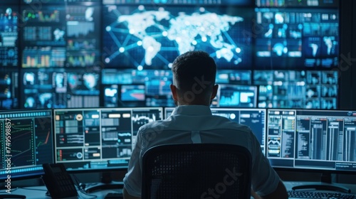 A cyber security analyst is sitting at a desk, focused on monitoring multiple computer monitors displaying various data and security information.