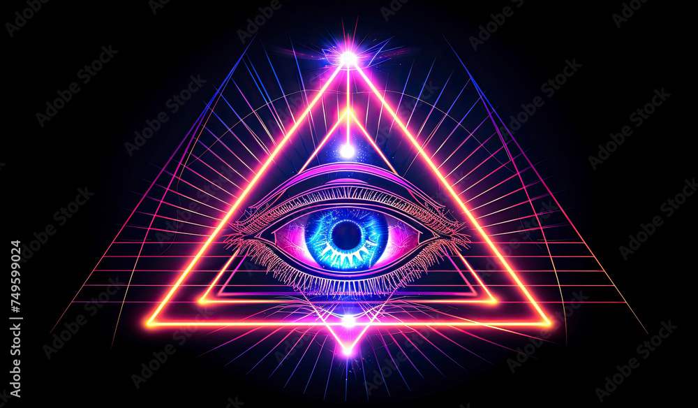Neon All-Seeing Eye. Eye in triangle pyramid masonic symbol outline ...