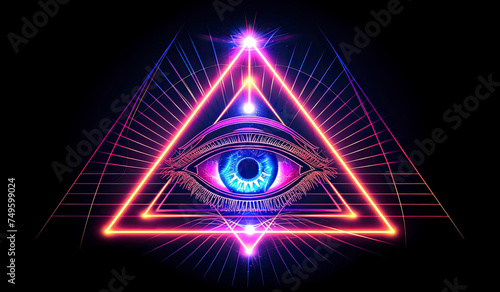 Neon All-Seeing Eye. Eye in triangle pyramid masonic symbol outline sign photo
