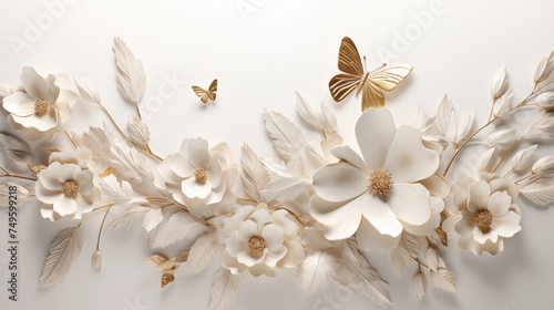 Branch of white plant with spring flowers and golden butterflies for a light  light background.