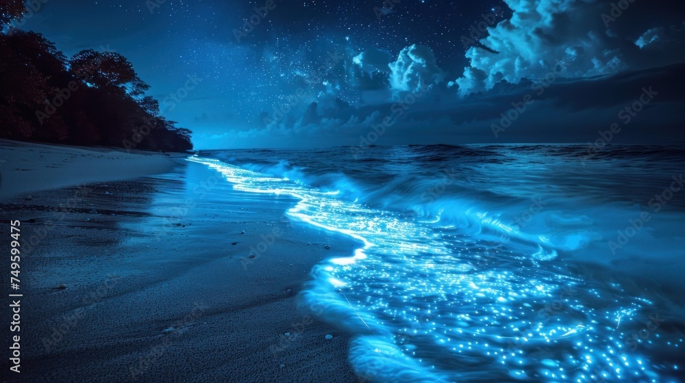 A beach illuminated by the moon with waves crashing and stars twinkling in the sky.