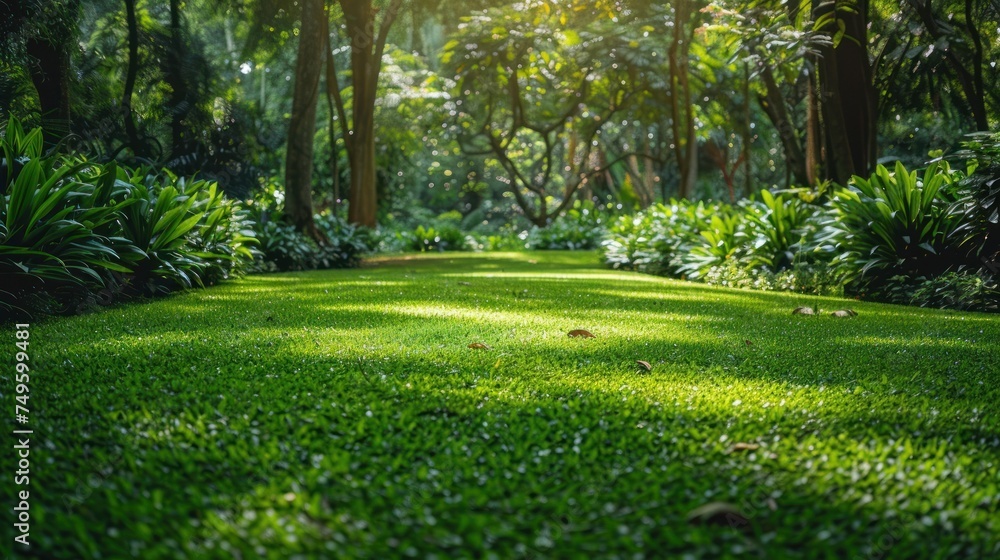 Naklejka premium Lush green foliage surrounds serene field with trees in the background.