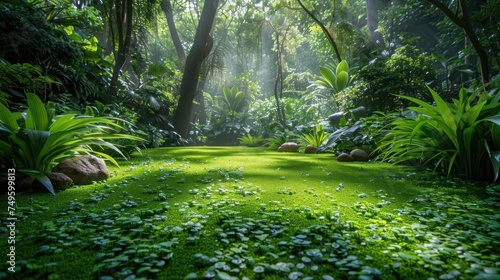 A dense forest with lush greenery and numerous trees creating a vibrant natural environment.