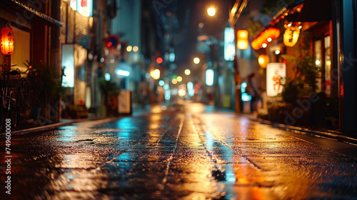 Blurry empty wet street in Chinatown