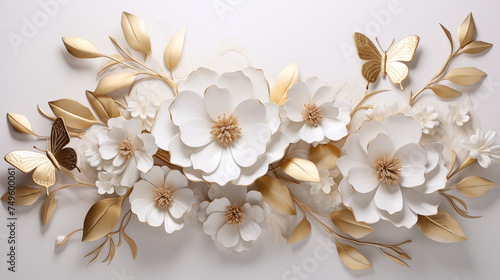 Bouquet of branches of spring flowers and butterflies with gold on a white background.