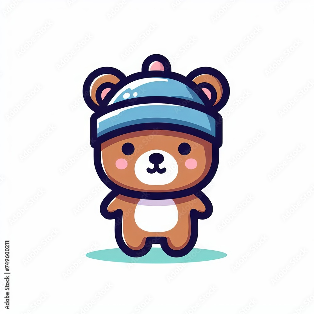 Naklejka premium Ilustração estilo logo de um urso com uma toca azul em um fundo de cor sólida.
