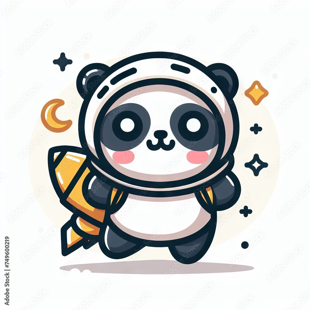 Naklejka premium Ilustração estilo logo de um urso panda astronauta um fundo de cor sólida.