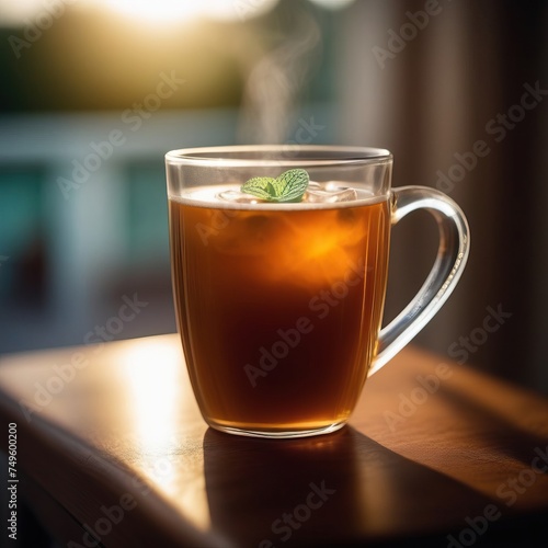 Steaming cup of tea being poured into waiting cup sitting gracefully on wooden table, capturing essence of morning rituals. Rich aroma fills air, promising moment of warmth.Calming moment in busy day