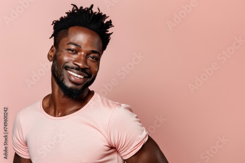 Black Man in Pink Shirt on a pink background.