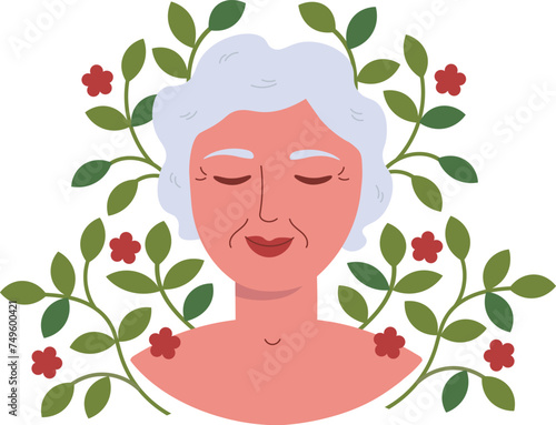 Portrait beautiful old woman with wrinkles, plants and flowers hand drawn flat vector illustration. Concept of mental health, self care. Happy elderly woman feel confident, relax, accept, love herself