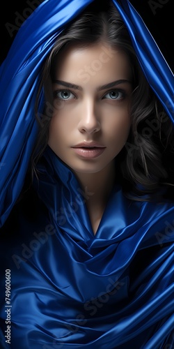 Against a solid cobalt backdrop, a beautiful model captivates the viewer with her natural beauty and charismatic aura, her fashionable ensemble and magnetic gaze creating a visually captivating image