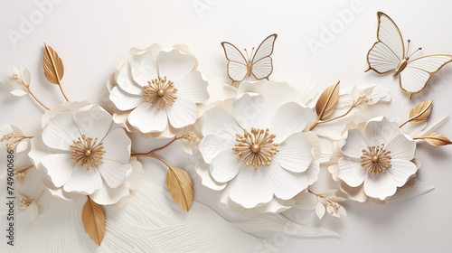 Branch of white flowers and butterflies with gilding on light paper art background.